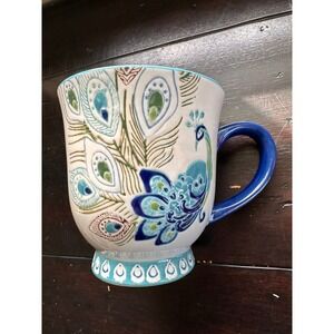 Dutch Wax Coastline Imports Peacock Handpainted Ceramic Mug Blue Turquoise 4.5in